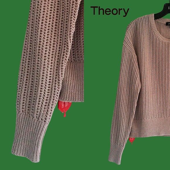 THEORY NEW Scandinavian OATMEAL MELANGE Allover Mesh Rib Trim Knit Sweater L - Picture 3 of 11